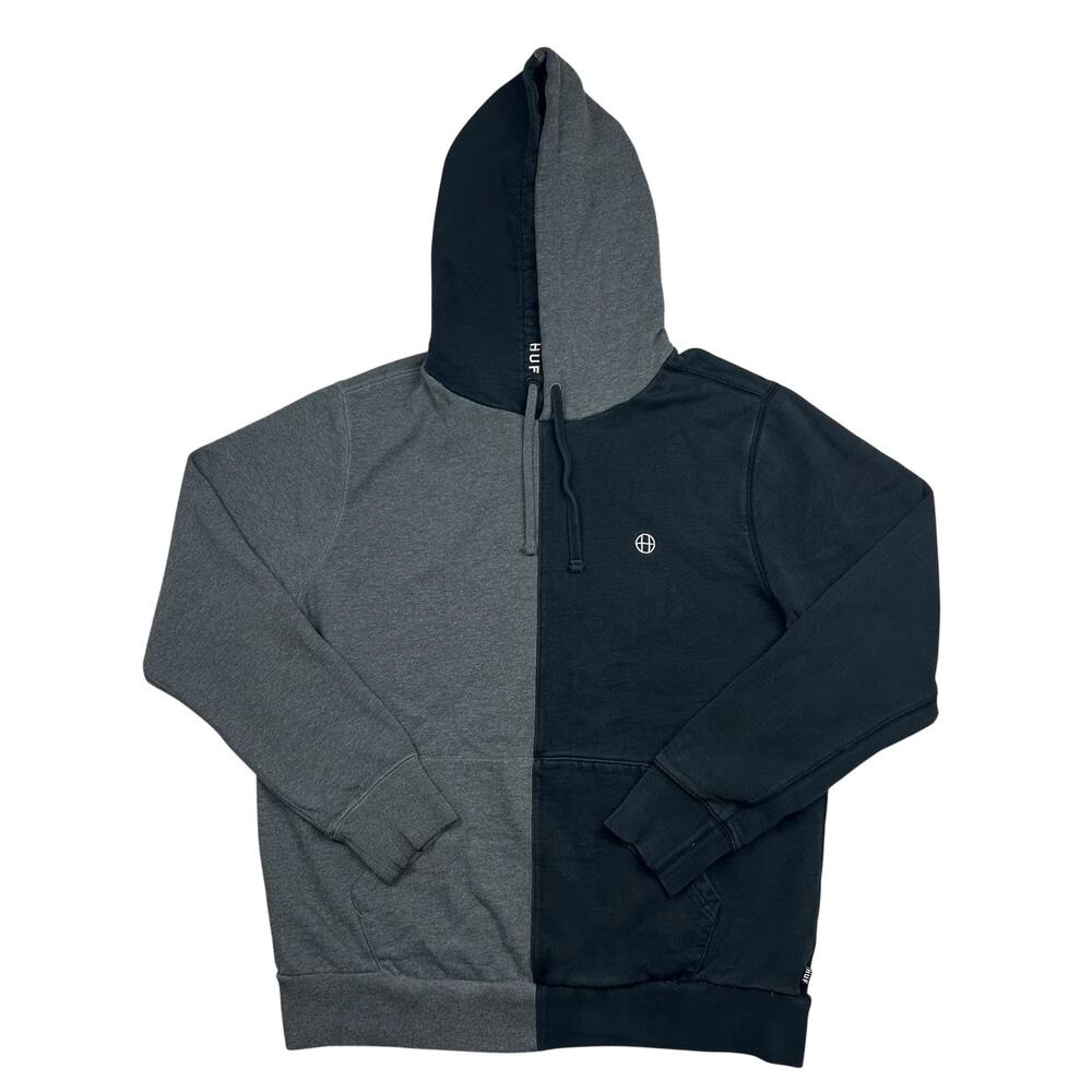 HUF Hoodie Mens Large Black Charcoal Gray Split Colorblock Pullover Sweatshirt L